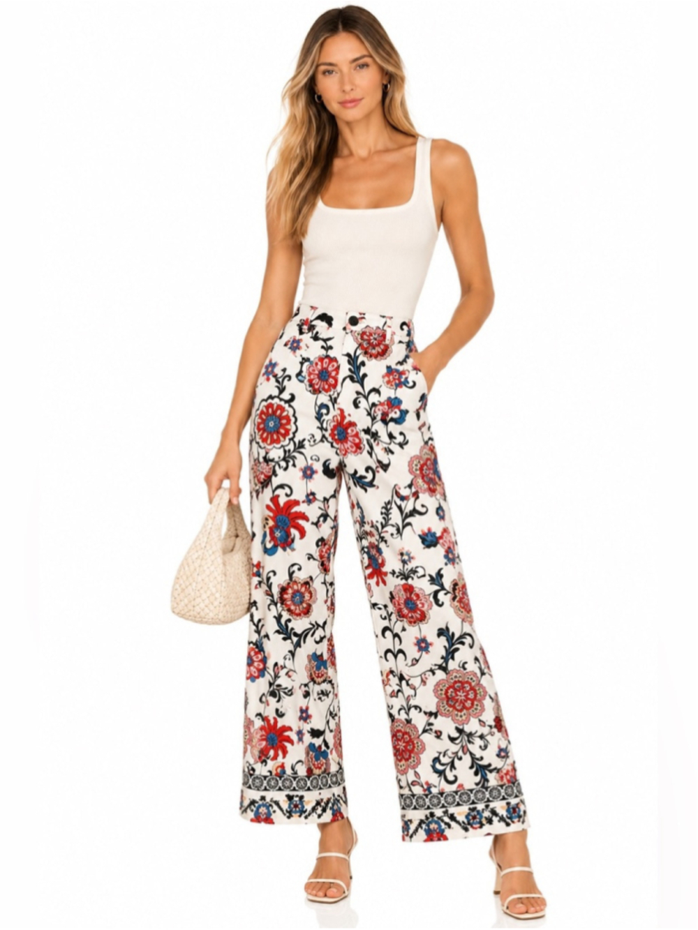 Nicole Miller New York Floral Wide Leg Pants White Red Blue Boho Size 10